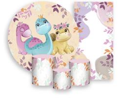 Kit Painel De Festa + Trio Capa Cilindro + Faixa Veste Fácil - Dinossauro Cute com Flores 003