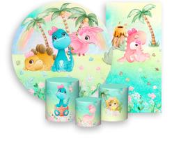 Kit Painel De Festa + Trio Capa Cilindro + Faixa Veste Fácil - Dinossauro Rosa Baby Cute 006