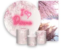 Kit Painel De Festa + Trio Capa Cilindro + Faixa Veste Fácil - Dorama Rosa Claro Cerejeiras 002