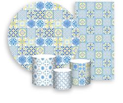 Kit Painel De Festa + Trio Capa Cilindro + Faixa Veste Fácil - Efeito Azulejo Azul com Amarelo 017