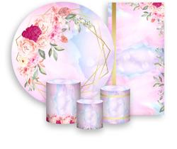 Kit Painel De Festa + Trio Capa Cilindro + Faixa Veste Fácil - Efeito Geométrico Rosa Flores 002