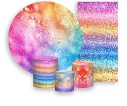 Kit Painel De Festa Trio Capa Cilindro Faixa Veste Fácil, Efeito Glitter Arco Íris 047 Kit Painel De Festa Trio Capa Cilindro Faixa Veste Fácil, Efeito Glitter Arco Íris 047