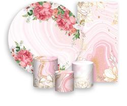 Kit Painel De Festa + Trio Capa Cilindro + Faixa Veste Fácil - Efeito Mármore Floral e Dourado 008 Kit Painel De Festa + Trio Capa Cilindro + Faixa Veste Fácil - Efeito Mármore Floral e Dourado 008
