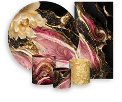 Kit Painel De Festa + Trio Capa Cilindro + Faixa Veste Fácil - Efeito Mármore Preto com Rosa e Dourado 043 Kit Painel De Festa + Trio Capa Cilindro + Faixa Veste Fácil - Efeito Mármore Preto com Rosa e Dourado 043