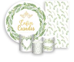 Kit Painel De Festa + Trio Capa Cilindro + Faixa Veste Fácil - Enfim Casados Dourados Folhagens 008 Kit Painel De Festa + Trio Capa Cilindro + Faixa Veste Fácil - Enfim Casados Dourados Folhagens 008