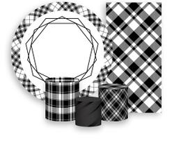 Kit Painel De Festa + Trio Capa Cilindro + Faixa Veste Fácil - Estampa Xadrez Preto e Branco 001