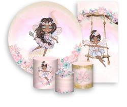 Kit Painel De Festa + Trio Capa Cilindro + Faixa Veste Fácil - Fadas Aquarela Efeito Brilho 001
