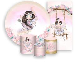 Kit Painel De Festa + Trio Capa Cilindro + Faixa Veste Fácil - Fadas Efeito Brilho Morena 002