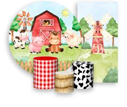 Kit Painel De Festa + Trio Capa Cilindro + Faixa Veste Fácil - Fazendinha Animais Cute 005