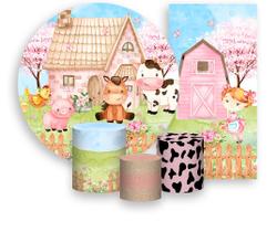Kit Painel De Festa + Trio Capa Cilindro + Faixa Veste Fácil - Fazendinha Rosa Cute 001