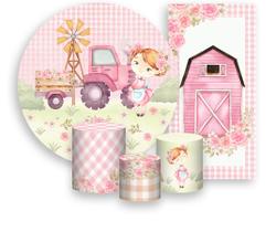 Kit Painel De Festa + Trio Capa Cilindro + Faixa Veste Fácil - Fazendinha Rosa Menina e Trator 017
