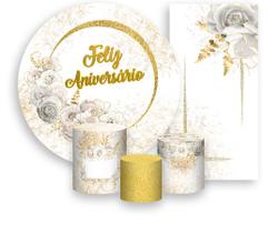 Kit Painel De Festa + Trio Capa Cilindro + Faixa Veste Fácil - Feliz Aniversário Dourado Flores Brancas 003 Kit Painel De Festa + Trio Capa Cilindro + Faixa Veste Fácil - Feliz Aniversário Dourado Flores Brancas 003