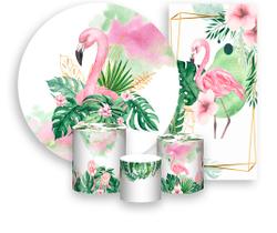 Kit Painel De Festa + Trio Capa Cilindro + Faixa Veste Fácil - Flamingo Rosa Aquarela 003
