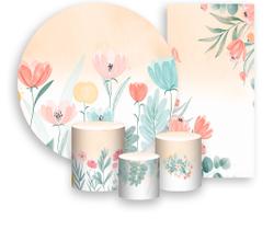 Kit Painel De Festa + Trio Capa Cilindro + Faixa Veste Fácil - Floral Aquarela Salmão com Verde 020 Kit Painel De Festa + Trio Capa Cilindro + Faixa Veste Fácil - Floral Aquarela Salmão com Verde 020