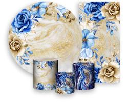 Kit Painel De Festa + Trio Capa Cilindro + Faixa Veste Fácil - Floral Azul com Dourado 008 Kit Painel De Festa + Trio Capa Cilindro + Faixa Veste Fácil - Floral Azul com Dourado 008