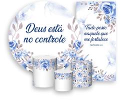 Kit Painel De Festa + Trio Capa Cilindro + Faixa Veste Fácil - Floral Azul Deus Está no Controle 011