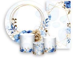 Kit Painel De Festa + Trio Capa Cilindro + Faixa Veste Fácil - Floral Azul Elegante 047