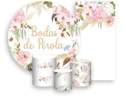 Kit Painel De Festa + Trio Capa Cilindro + Faixa Veste Fácil - Flores Bodas de Pérola 012 Kit Painel De Festa + Trio Capa Cilindro + Faixa Veste Fácil - Flores Bodas de Pérola 012