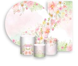 Kit Painel De Festa + Trio Capa Cilindro + Faixa Veste Fácil - Flores Rosa com Verde Tons Pastéis 029