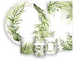 Kit Painel De Festa + Trio Capa Cilindro + Faixa Veste Fácil - Folhagens Verde e Dourado 044 Kit Painel De Festa + Trio Capa Cilindro + Faixa Veste Fácil - Folhagens Verde e Dourado 044