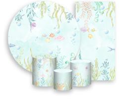 Kit Painel De Festa + Trio Capa Cilindro + Faixa Veste Fácil - Fundo do Mar Aquarela Peixes e Algas 007
