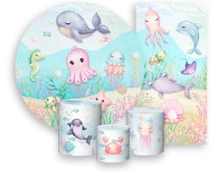 Kit Painel De Festa + Trio Capa Cilindro + Faixa Veste Fácil - Fundo do Mar Azul Cute 002
