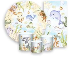 Kit Painel De Festa + Trio Capa Cilindro + Faixa Veste Fácil - Fundo do Mar Azul Suave com Bege 006 Kit Painel De Festa + Trio Capa Cilindro + Faixa Veste Fácil - Fundo do Mar Azul Suave com Bege 006