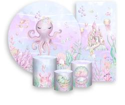 Kit Painel De Festa + Trio Capa Cilindro + Faixa Veste Fácil - Fundo do Mar Lilás Aquarela 005 Kit Painel De Festa + Trio Capa Cilindro + Faixa Veste Fácil - Fundo do Mar Lilás Aquarela 005