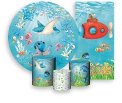 Kit Painel De Festa + Trio Capa Cilindro + Faixa Veste Fácil - Fundo Do Mar Submarino 001