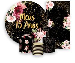 Kit Painel De Festa + Trio Capa Cilindro + Faixa Veste Fácil - Fundo Preto Flores Efeito Brilhos Meus 15 Anos Dourado 010