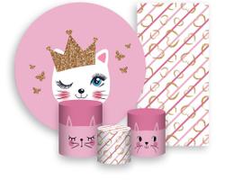 Kit Painel De Festa + Trio Capa Cilindro + Faixa Veste Fácil - Gatinha Cute Rosa 001