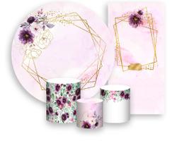 Kit Painel De Festa + Trio Capa Cilindro + Faixa Veste Fácil - Geométeico com Flores Roxas 019 Kit Painel De Festa + Trio Capa Cilindro + Faixa Veste Fácil - Geométeico com Flores Roxas 019