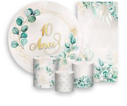 Kit Painel De Festa + Trio Capa Cilindro + Faixa Veste Fácil - Geométrico Folhagens 40 Anos 010