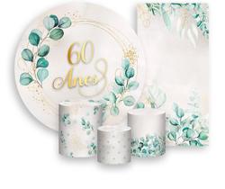 Kit Painel De Festa + Trio Capa Cilindro + Faixa Veste Fácil - Geométrico Folhagens 60 Anos 014