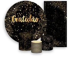 Kit Painel De Festa + Trio Capa Cilindro + Faixa Veste Fácil - Gratidão Anos Efeito Brilhos Dourados 052