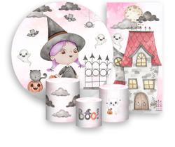 Kit Painel De Festa + Trio Capa Cilindro + Faixa Veste Fácil - Halloween Bruxinha Cute Rosa 005 Kit Painel De Festa + Trio Capa Cilindro + Faixa Veste Fácil - Halloween Bruxinha Cute Rosa 005