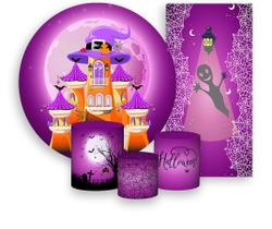 Kit Painel De Festa + Trio Capa Cilindro + Faixa Veste Fácil - Halloween Roxo Casa de Bruxa 011 Kit Painel De Festa + Trio Capa Cilindro + Faixa Veste Fácil - Halloween Roxo Casa de Bruxa 011