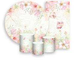 Kit Painel De Festa + Trio Capa Cilindro + Faixa Veste Fácil - Jardim Aquarela Floral Delicado 019 Kit Painel De Festa + Trio Capa Cilindro + Faixa Veste Fácil - Jardim Aquarela Floral Delicado 019