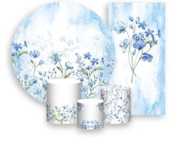 Kit Painel De Festa + Trio Capa Cilindro + Faixa Veste Fácil - Jardim Aquarelado Tons de Azul 031
