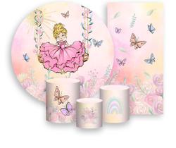 Kit Painel De Festa + Trio Capa Cilindro + Faixa Veste Fácil - Jardim Com Princesa Loira 023