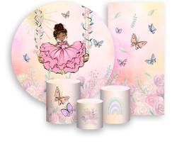 Kit Painel De Festa + Trio Capa Cilindro + Faixa Veste Fácil - Jardim Com Princesa no Balanço 021