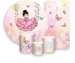 Kit Painel De Festa + Trio Capa Cilindro + Faixa Veste Fácil - Jardim Com Princesa no Balanço Morena 022
