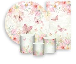 Kit Painel De Festa + Trio Capa Cilindro + Faixa Veste Fácil - Jardim de Borboletas Aquarela Floral 018 Kit Painel De Festa + Trio Capa Cilindro + Faixa Veste Fácil - Jardim de Borboletas Aquarela Floral 018