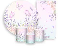 Kit Painel De Festa + Trio Capa Cilindro + Faixa Veste Fácil - Jardim de Lavanda Aquarela 005