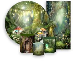 Kit Painel De Festa + Trio Capa Cilindro + Faixa Veste Fácil - Jardim Encantado com Cogumelos 030