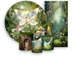 Kit Painel De Festa + Trio Capa Cilindro + Faixa Veste Fácil - Jardim Fadas com Cogumelos 007