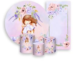 Kit Painel De Festa + Trio Capa Cilindro + Faixa Veste Fácil - Jardim Rosa e Lilás com Menina Morena 007