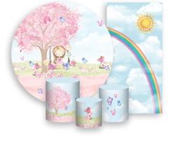 Kit Painel De Festa + Trio Capa Cilindro + Faixa Veste Fácil - Jardim Rosa Menina no Balanço 006