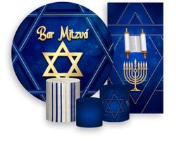 Kit Painel De Festa + Trio Capa Cilindro + Faixa Veste Fácil - Judaico Azul Marinho com Dourado 015