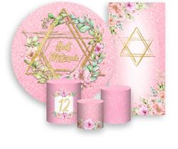 Kit Painel De Festa + Trio Capa Cilindro + Faixa Veste Fácil - Judaico Rosa com Dourado 016 Kit Painel De Festa + Trio Capa Cilindro + Faixa Veste Fácil - Judaico Rosa com Dourado 016